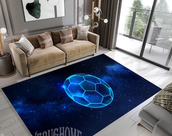 Blue Neon Football Rug, Soccer Ball Field, Sports Lover Gift