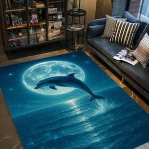 May include: A rectangular area rug featuring a dolphin leaping out of the ocean under a full moon. The rug has a blue and teal color scheme with a starry night sky design. The text "CREATIVERUGHOME" is at the bottom.