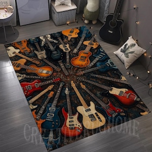 May include: A rectangular area rug featuring a pattern of various electric guitars in shades of red, blue, orange, and white, arranged in a radial design against a dark background. The rug is designed for home decor.