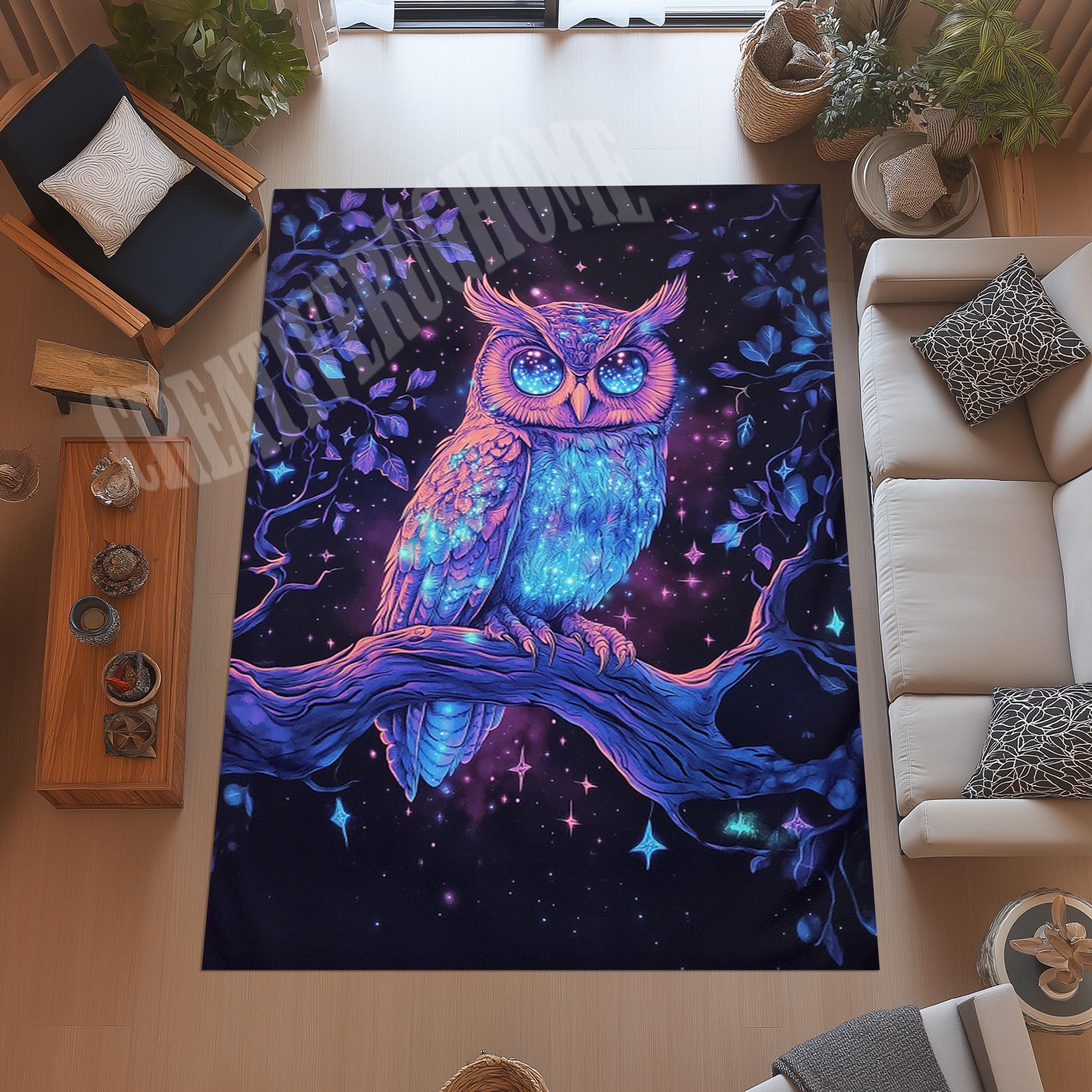 Neon Owl Rug, Animal Decor, Non-Slip Cotton Base