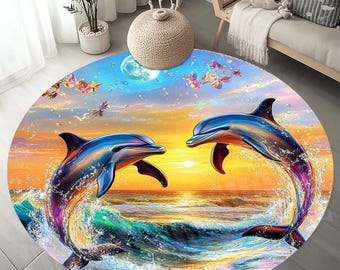 Alfombra redonda con delfines y peces, diseño náutico oceánico en 3D