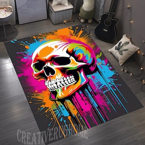 Skull, Skull Rug, Skull Pattern Rug, Colorful Skull Rug Decorative Rug, For Living Room Rug, Gift House Rug, Skull Decor Rug, Neon Skull Rug