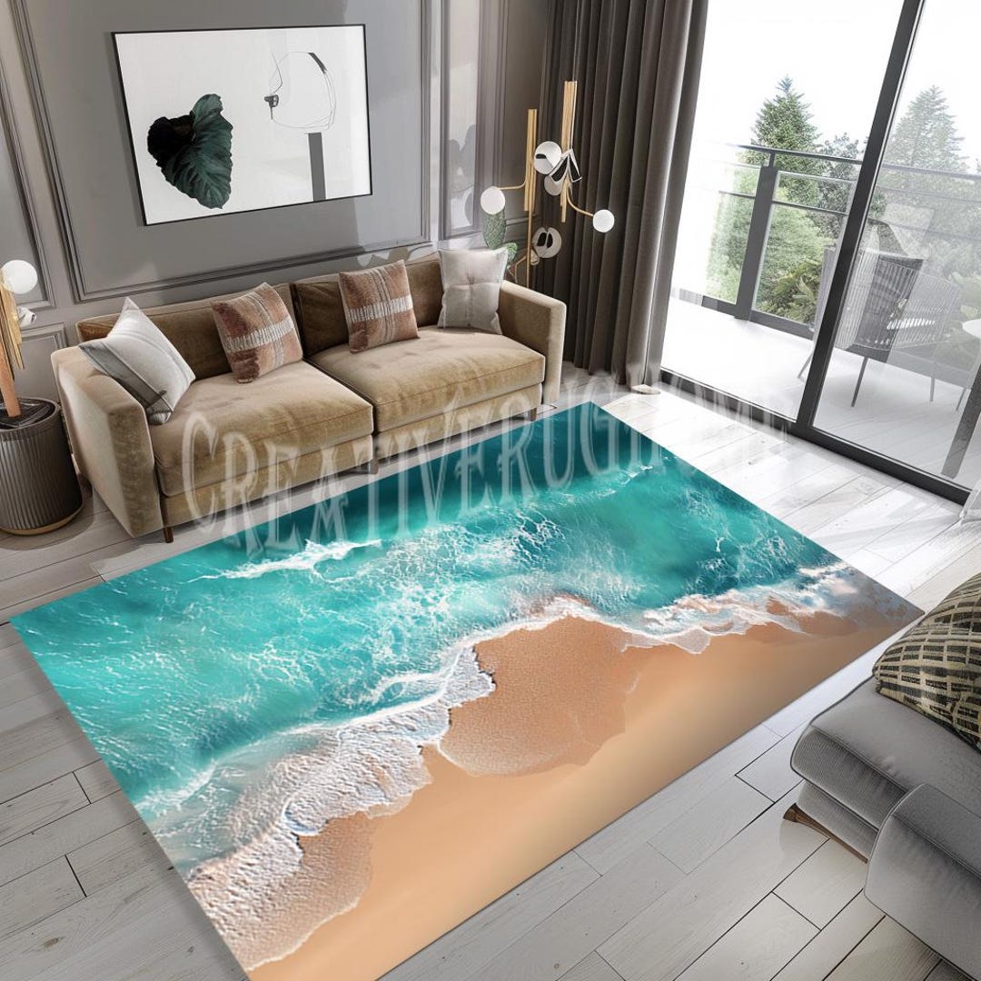 Rectangle Rug Beach Beach Sand Area Rug, Sea Wave Design, Non-slip Cotton Base - Etsy
