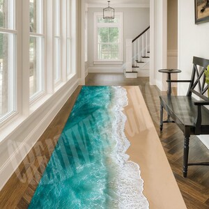 Nautical Sea Rug: 3D Wave Print, Non-Slip Cotton Base