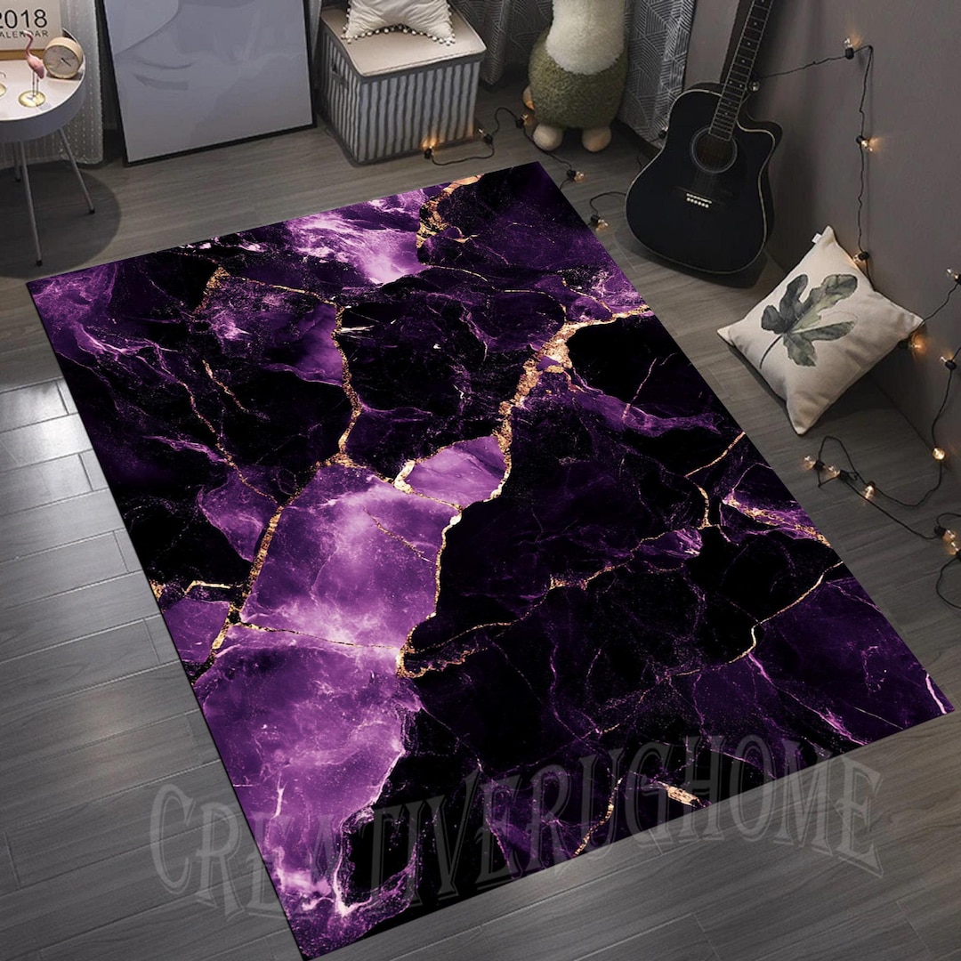 Purple Gold Marble Rug, Modern Microfiber Area Rug - Etsy