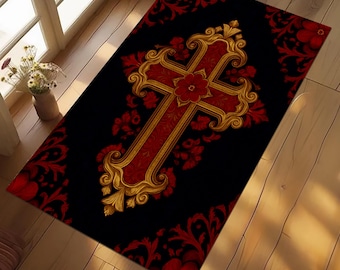 Personalized Catholic Prayer Rug, Cross Design, Christian Meditation Mat