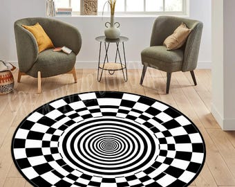 3D Vortex Illusion Rug, Black and White Optical Area Rug