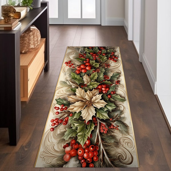 Poinsettia Rug, Poinsettia Runner Rug, Christmas Poinsettia Rug, Christmas Runner Rug,Christmas Decorations Rug, Xmas Rug, Red Christmas Rug