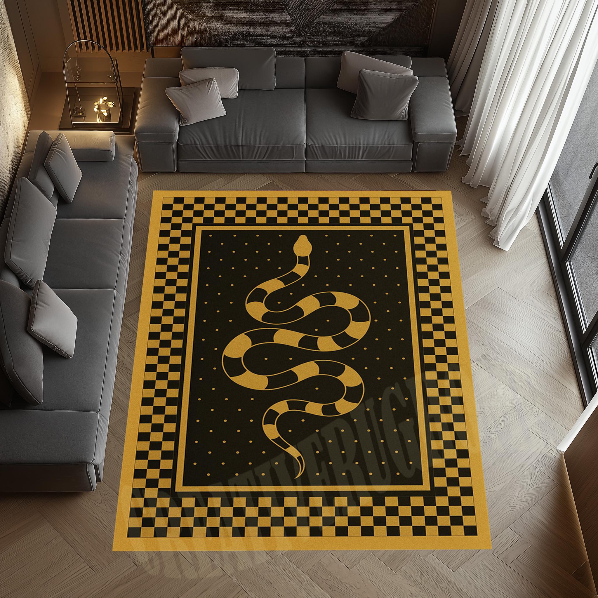 Gothic Snake Rug: Black Gold Checker Pattern, Minimal Serpent Statement ...
