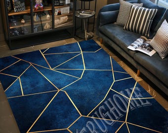 Blue and Gold Geometric Rug, Modern Art Decor