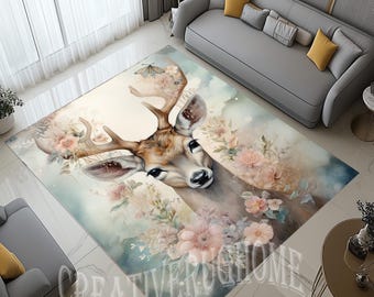 Deer and Flowers Area Rug, Rustic Animal Decor