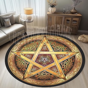 May include: A round rug with a gold pentacle design on a black background. The pentacle is surrounded by intricate Celtic knotwork in shades of gold, red, and green.