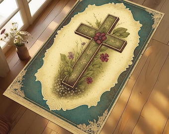 Personalized Christian Prayer Rug, Floral Cross, Catholic Meditation Mat