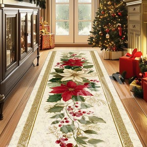 Poinsettia Christmas Rug, Holiday Runner Rug