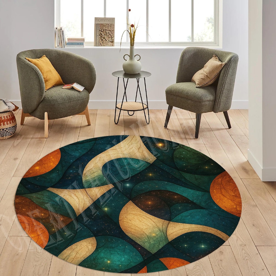 Mid Century Modern Round Rug, Geometric Abstract Design - Etsy
