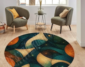 May include: A circular rug with an abstract design in teal, orange, and beige. The rug has a swirling pattern with star-like accents, creating a modern and artistic look. The rug is placed on a wooden floor.