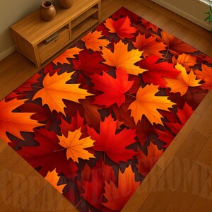 May include: A rectangular rug with a design of autumn leaves. The rug displays a pattern of large maple leaves in shades of red, orange, and yellow, creating a warm aesthetic. The leaves are layered on a dark brown background, suitable for a living room.