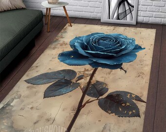 Blue Rose Floral Rug, Colorful Rose Art, Living Room Decor