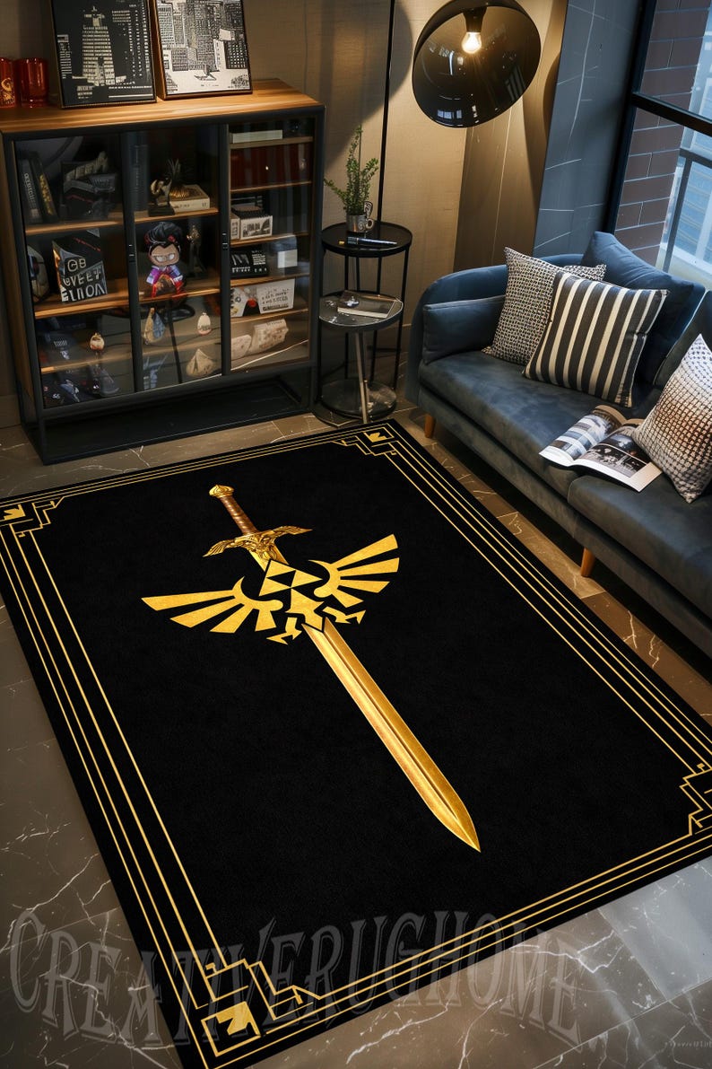 Sword Fish Rug Zelda Sword Rug, Black & Gold Legend Design, Game Room Decor - Etsy