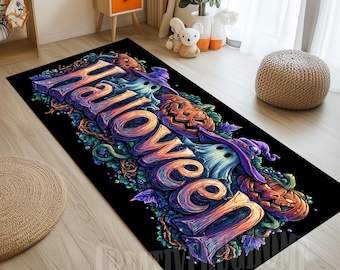 May include: Black rectangular Halloween-themed rug with the word "Halloween" in colorful, stylized lettering. The design includes ghosts, pumpkins, and a witch's hat, with a dark background.