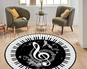 Music Note Rug: Round Musical Decor, Piano Keys Design