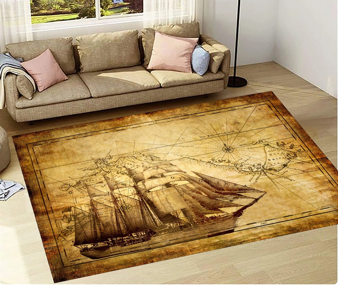Ship Rug, Old Ship Rug, Sea Rug, Compass Rug, Old Nautical Rug, Ocean