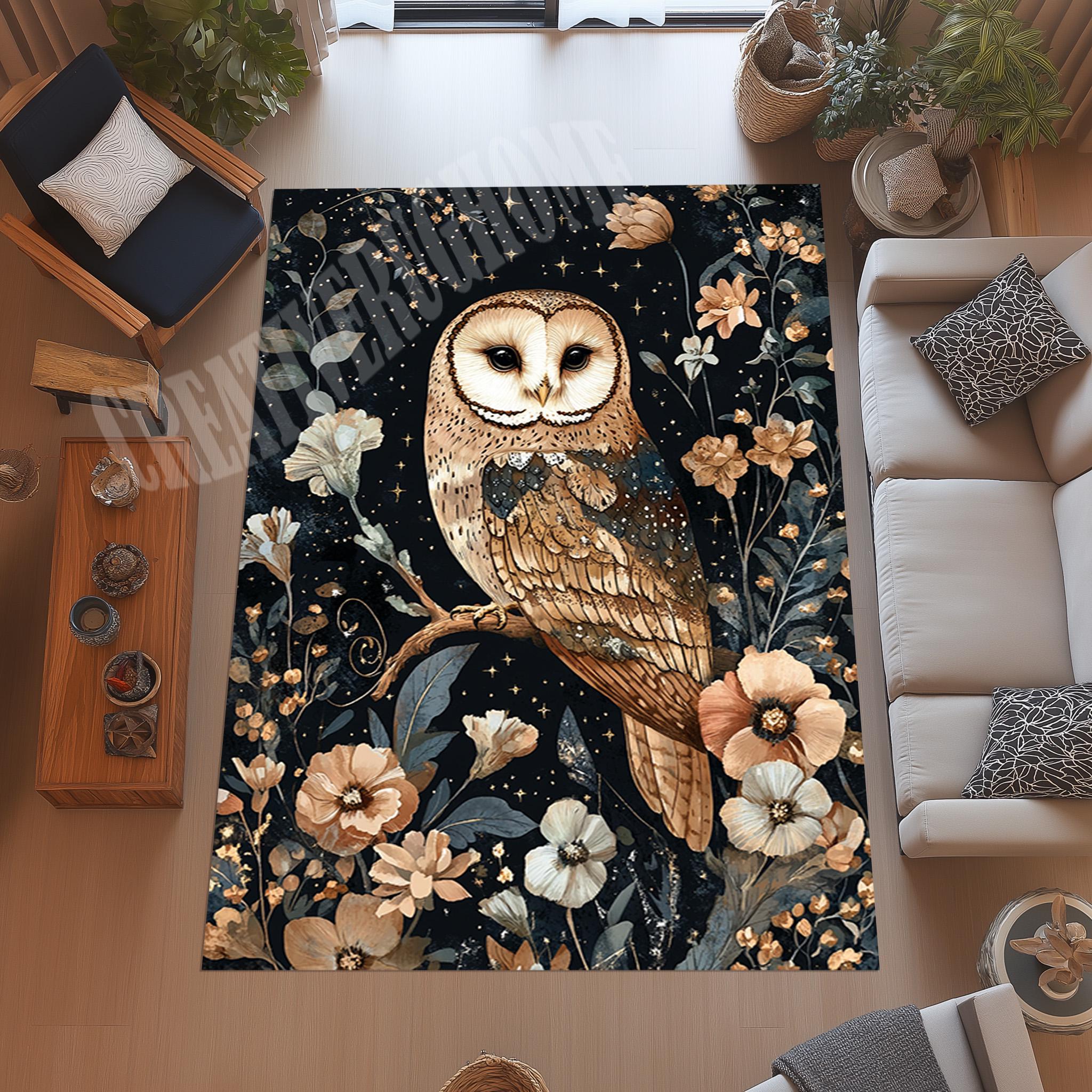 Floral Owl Area Rug, Animal Decor, Bird Art