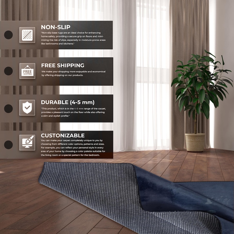 May include: A close-up of a dark blue rug with a textured surface. The rug is rolled up and the underside is visible. The rug is described as non-slip, durable, and customizable. The text "Free Shipping" is also visible.