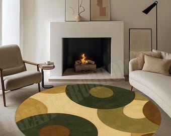 May include: A circular rug with a retro design. The rug has large, overlapping circles in shades of green, brown, and yellow against a cream background. The rug is in a living room with a fireplace and furniture, adding a touch of vintage style.