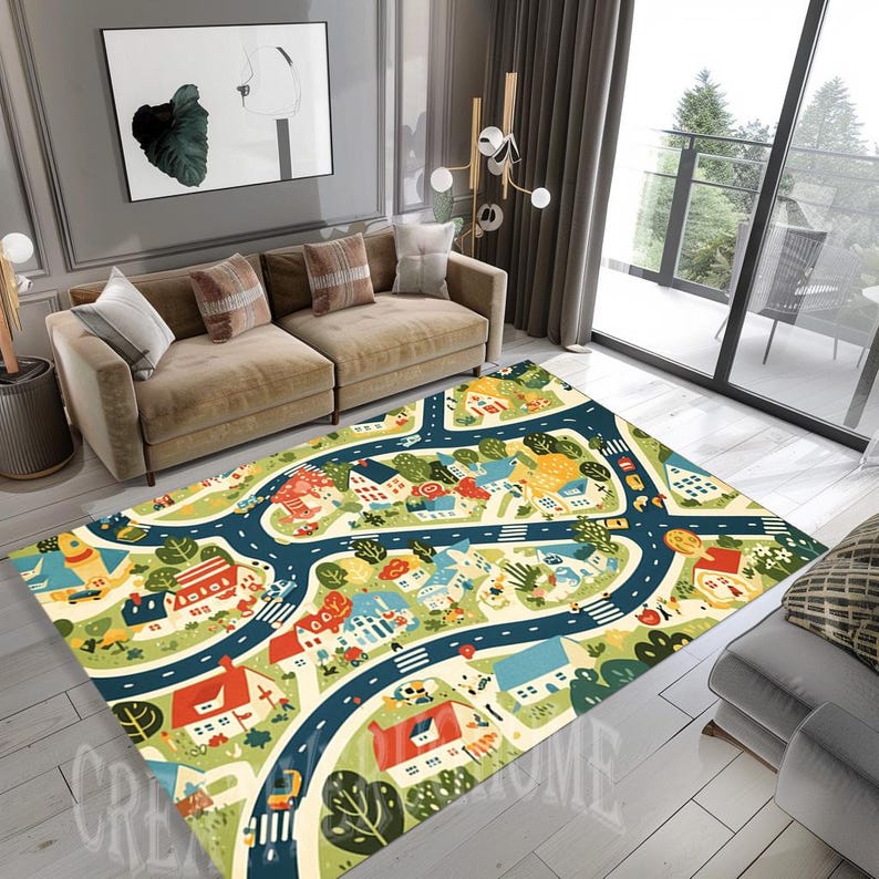 City Road Map Kids Rug, Playroom Decor, Non-slip Cotton Base - Etsy