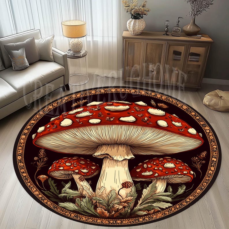 Mushroom Pattern Round Area Rug, Minimalist Decor image 1
