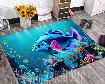Blue Fish Area Rug, Sea Corals, Aquarium Design