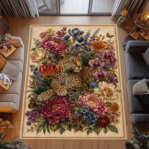 May include: A rectangular area rug featuring a central leopard resting amidst a dense arrangement of colorful flowers including large pink, white, and red peonies, blue irises, and purple orchids, accented by two butterflies on a cream background.