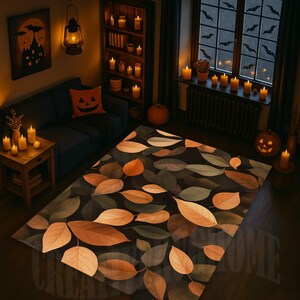 May include: A cozy Halloween-themed room with a rug featuring a leaf pattern in shades of brown, orange, and green. The room is decorated with candles, a pumpkin, and a sofa with a jack-o'-lantern pillow. A painting of a haunted house hangs on the wall.