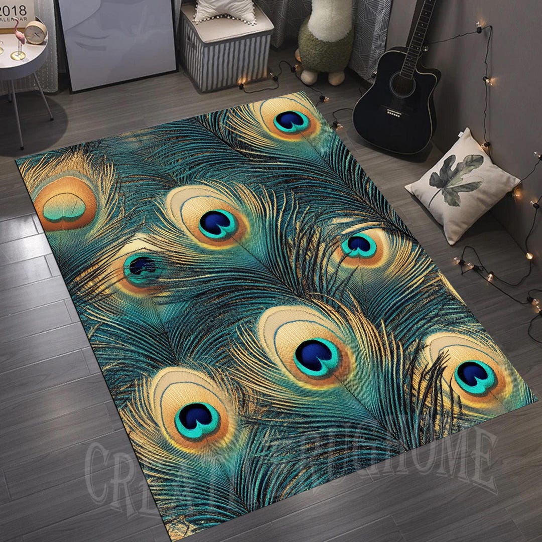 Feathered Rug Peacock Feather Rug, Teal Gold Exotic Bird Design, Artistic Statement ...