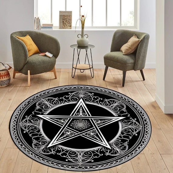 Tappeto Rotondo Gotico Con Pentagramma Nero – Antiscivolo, Morbido, 92 Cm – Per Soggiorno, Camera, Bagno