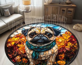 Round Dog Rug, Mosaic Pug Design, Non-Slip Cotton Base