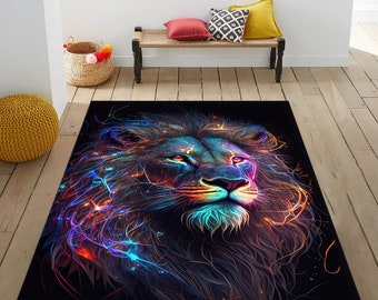 Neon Lion Rug, Colorful Animal Decor Rug
