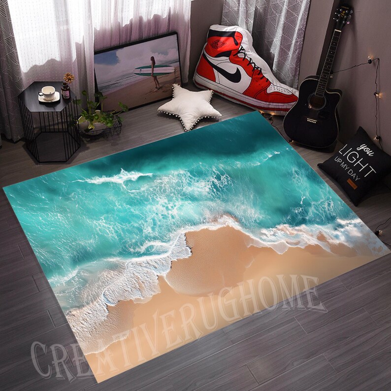 Rectangle Rug Beach Beach Sand Area Rug, Sea Wave Design, Non-slip Cotton Base - Etsy