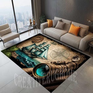 Alte Karten, Teppich mit Kompass, Kompass Themen Teppich, Nautischer Teppich,Teleskopmuster Teppich,Nautische Kunst,Kartenteppich,Sea Rug, Geschenk Kompass Teppich,Schiffsteppich