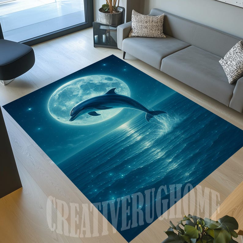 May include: A rectangular area rug featuring a dolphin leaping out of the ocean under a full moon. The rug has a blue and white color scheme, with the text "CREATIVERUGHOME" at the bottom.
