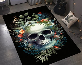 Colorful Skull Floral Rug, Gothic Home Decor