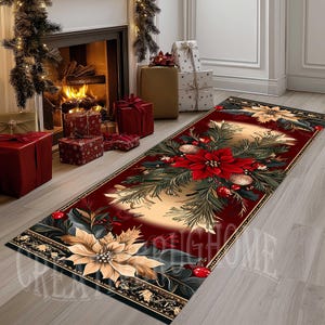 Poinsettia Christmas Rug, Floral Runner Rug