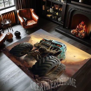 Monster Truck Rug, Jumping Monster Truck Rug,Monster Truck Area Rug, Design Car Rug, Monster Truck Decor Rug, Gift For Boys,Racing Car Rug