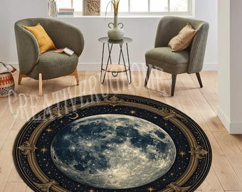 Round Moon Rug: Traditional Moonlight Decor, Non-Slip Cotton Base