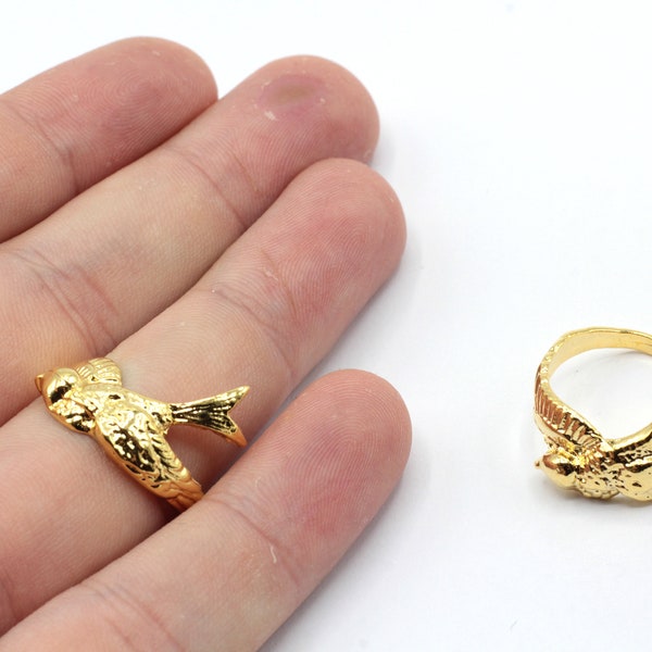 24k Shiny Gold Adjustable Tiny Bird Ring, Pigeon Ring, Gold Ring, Bird Wrap Ring, Animal Ring, Adjustable Ring, Gold Plated Rings, GR298