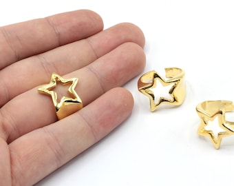 24k Shiny Gold Adjustable Star Ring, Blank Star Ring, Celestial Ring, Chunky Ring, Adjustable Ring, Rings For Woman, Gold Plated Rings, G181