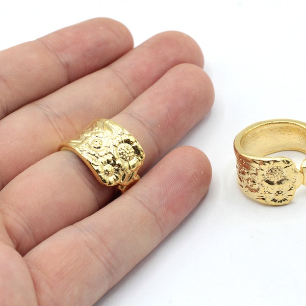 24k Shiny Gold Adjustable Flower Ring, Flower Spoon Ring, Gold Flower Wrap Ring, Adjustable Gold Ring, Spoon Ring, Gold Plated Rings, GR027