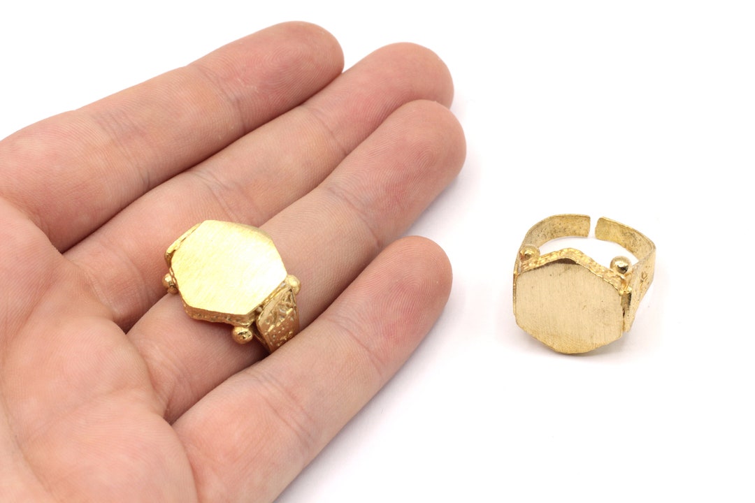 Brass Adjustable Engraved Ring, Hexagon Ring, Brass