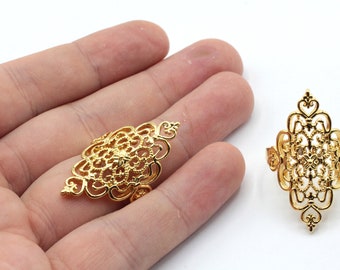 24k Shiny Gold Adjustable Filigree Flower Ring, Filigree Ring, Gold Ring, Lace Ring, Floral Ring, Adjustable Ring, Gold Plated Rings, GR014